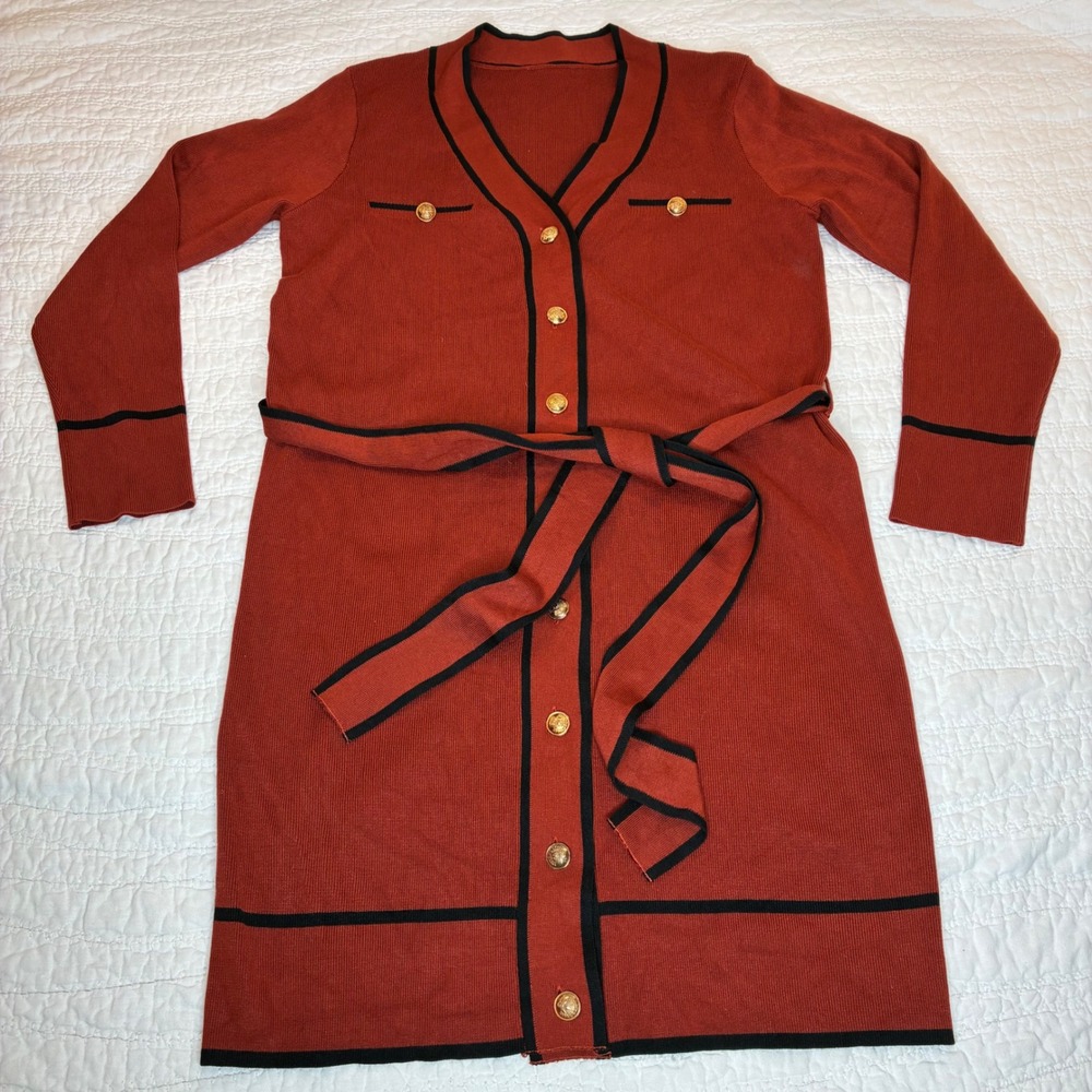 Unbranded Cardigan Dress Women L Rust Orange Belted Knit Academia Old Money Chic